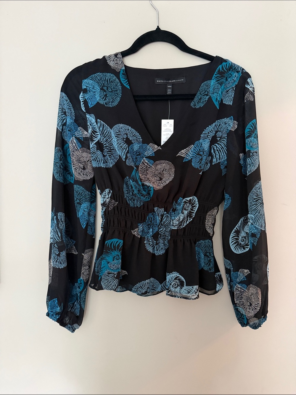 White House Black Market Black Blouse with Blue and Gray Floral Print